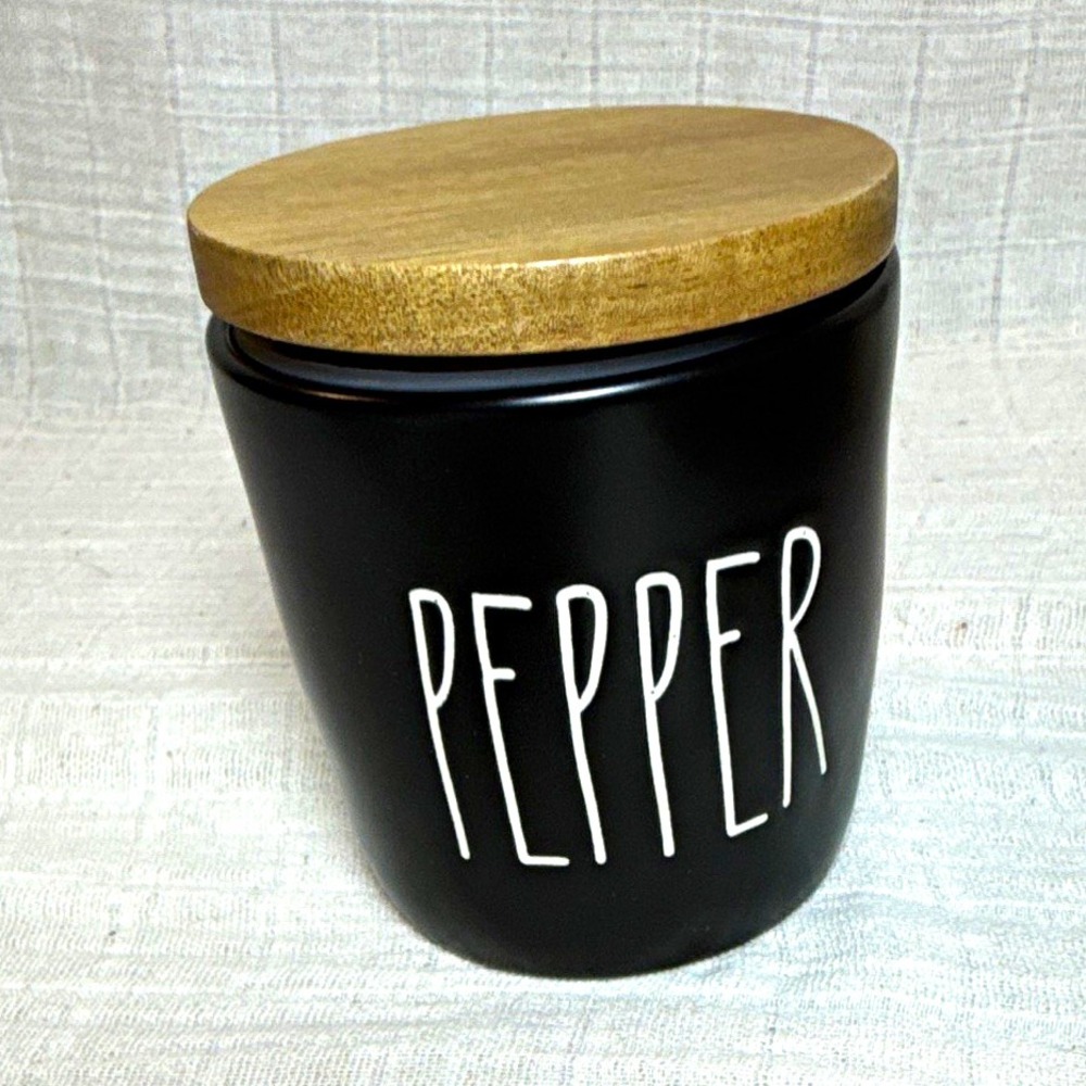 Rae Dunn Artisan Collection PEPPER Black Ceramic Canister w/ Oak Wood Lid 7.5oz